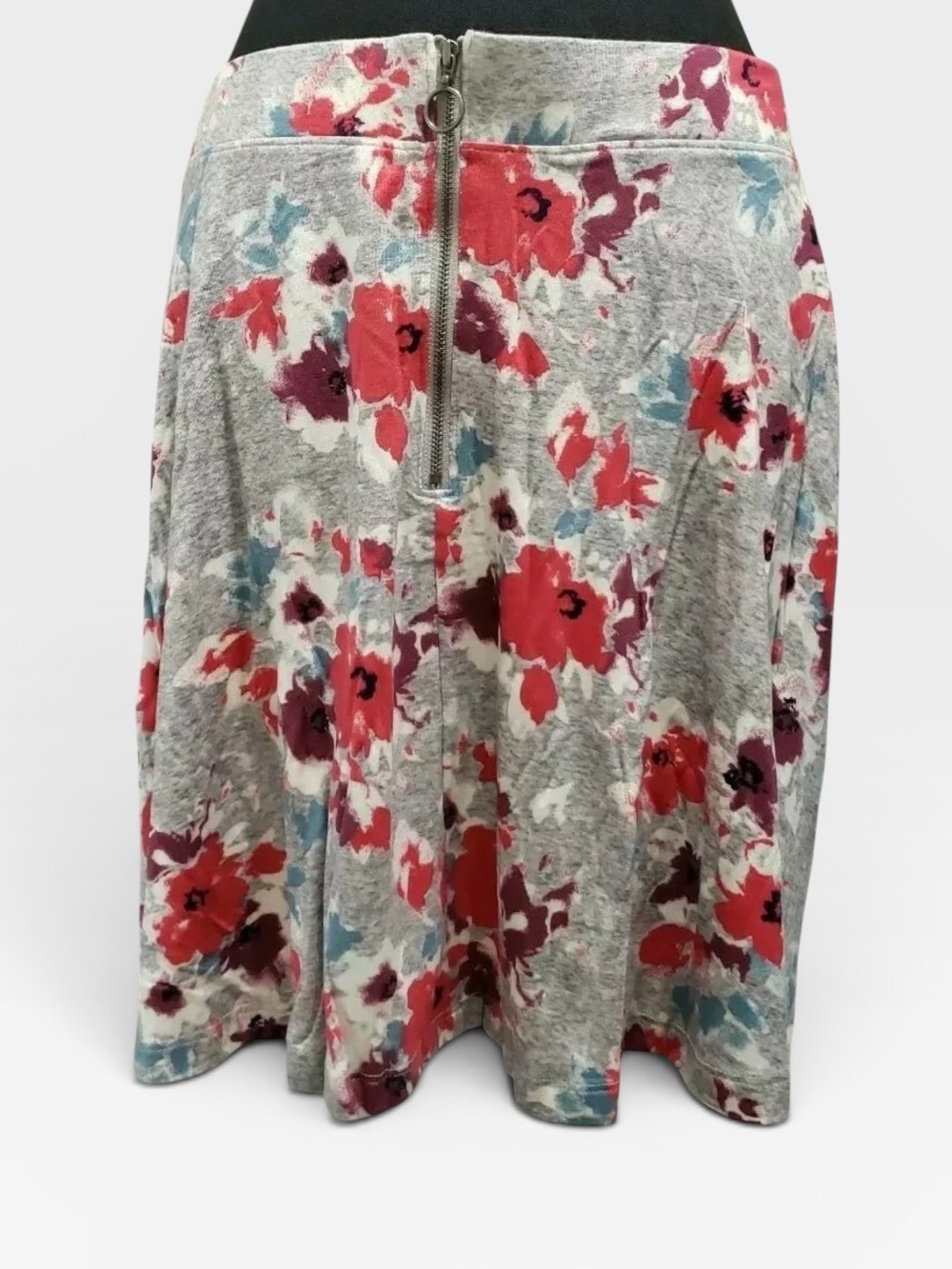 SO Gray Floral Circle Skirt with Red and Teal Accents